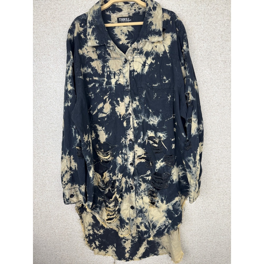 Thrill Jeans Black Bleach Tie Dye Distressed Oversized Shirt Dress Womens 3X